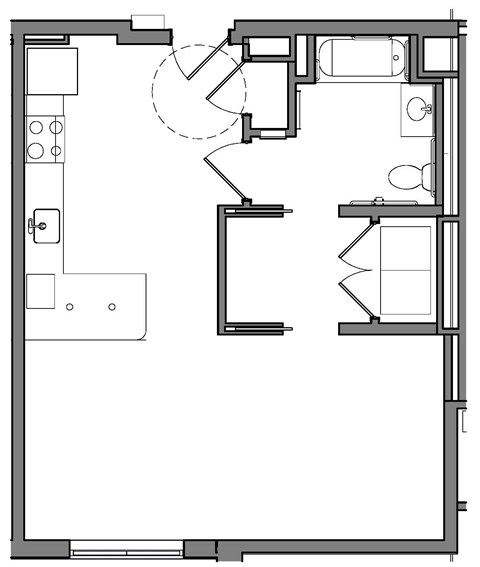 Floor plan for studio, 1 bath, 593 sqft